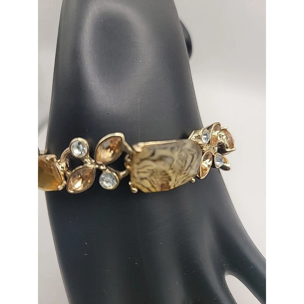 Napier Bracelet Gold Tone Amber Glass Rhinestone Link Statement Vintage Style - Picture 3 of 10